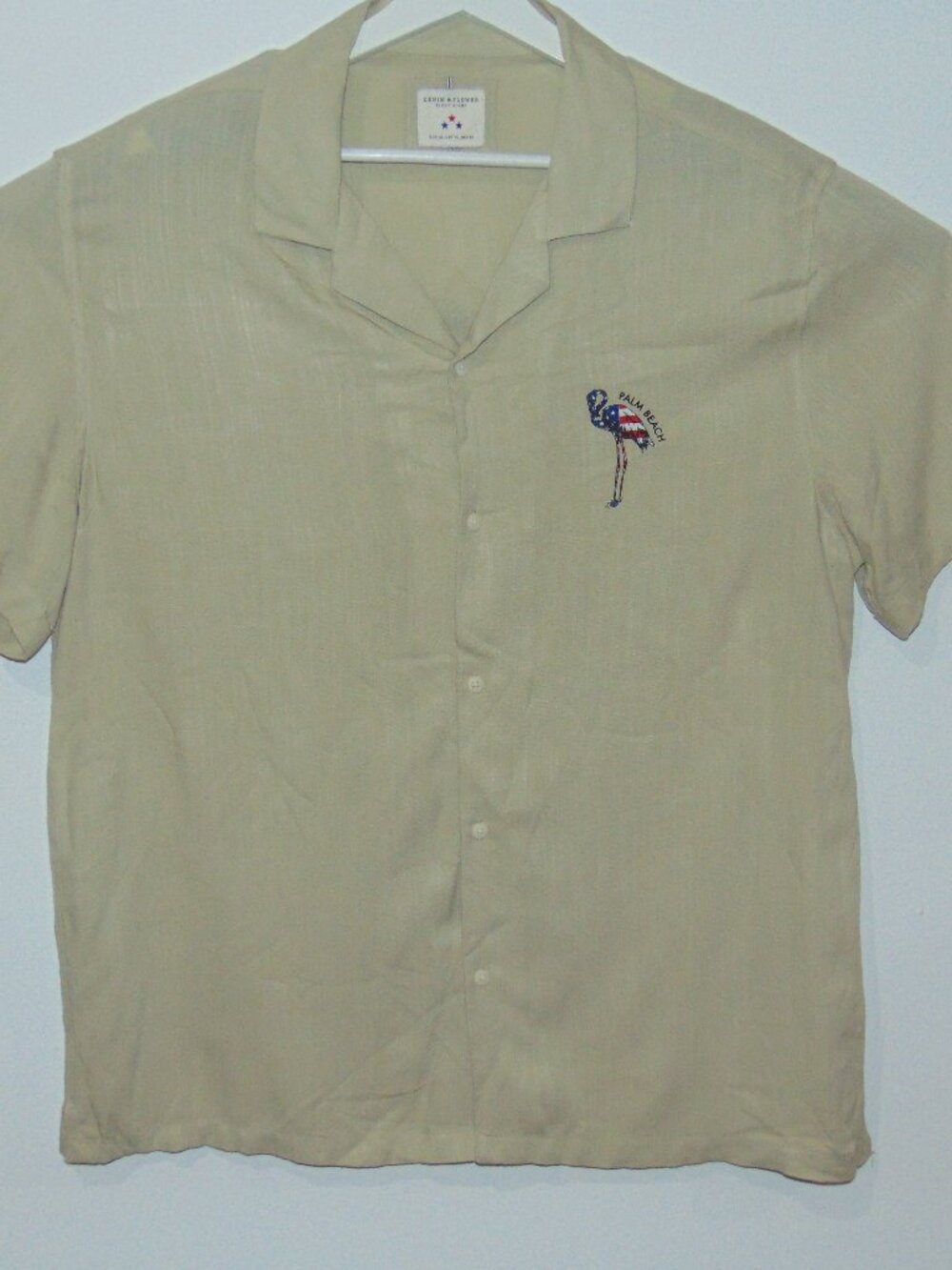 Denim & Flower Men’s XL Beige Flamingo Palm Beach Viscose Short Sleeve Shirt